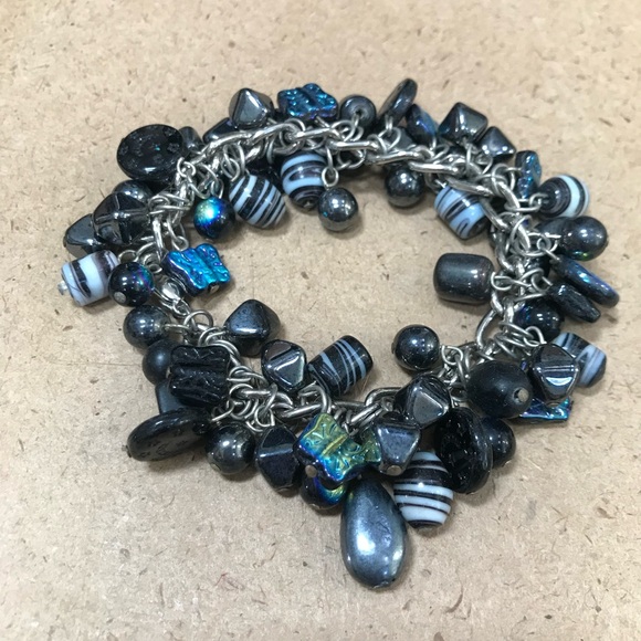 Black Blue Glass Beaded Bracelet Large Chunky Kinetic Statement iridescent charm - Picture 2 of 10